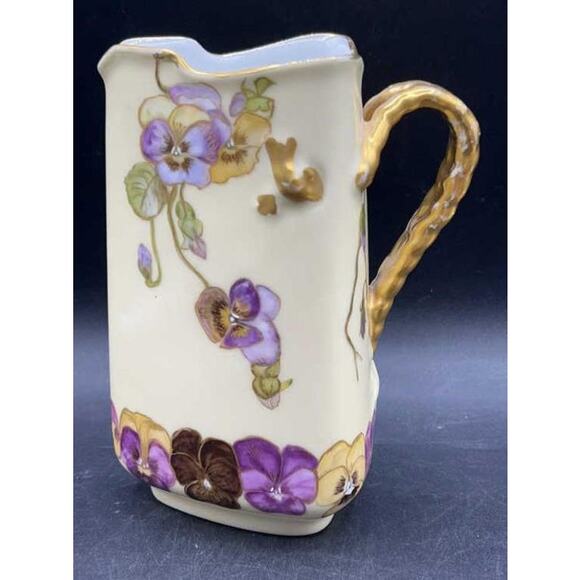Antique H&Co Limoges Cream Pitcher 1 Pint Gold Floral Pansies - RARE - Picture 1 of 14